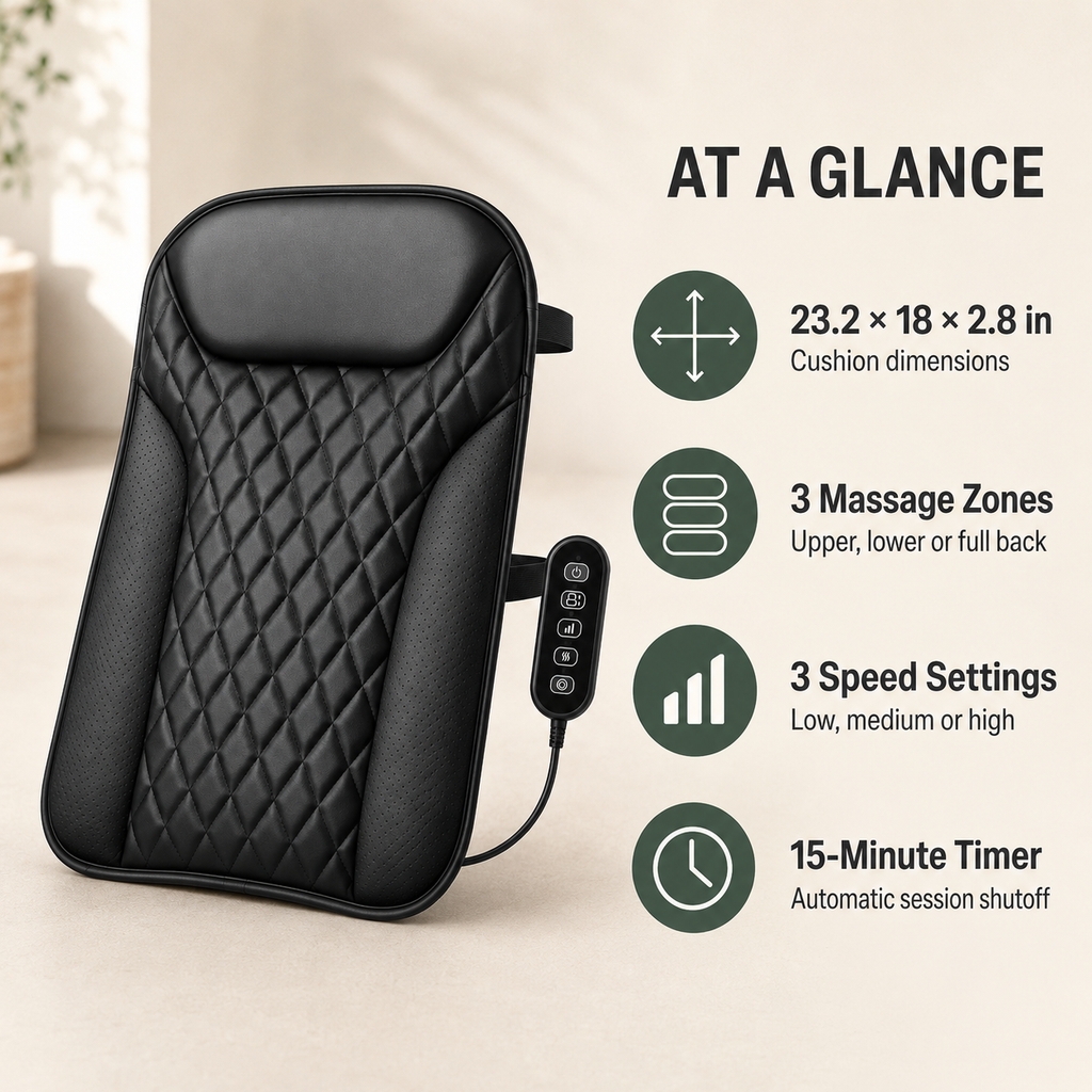 Shiatsu Back Massager for Chair with Heat, Ultra-Slim Design, 10 Nodes and 3 Massage Zones