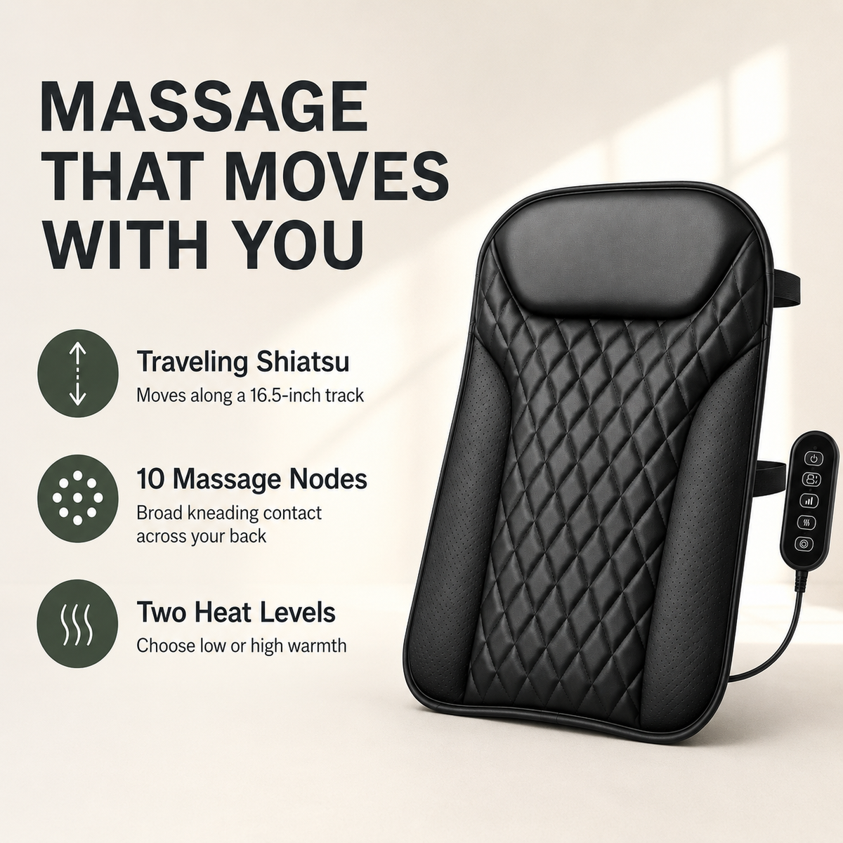 Shiatsu Back Massager for Chair with Heat, Ultra-Slim Design, 10 Nodes and 3 Massage Zones