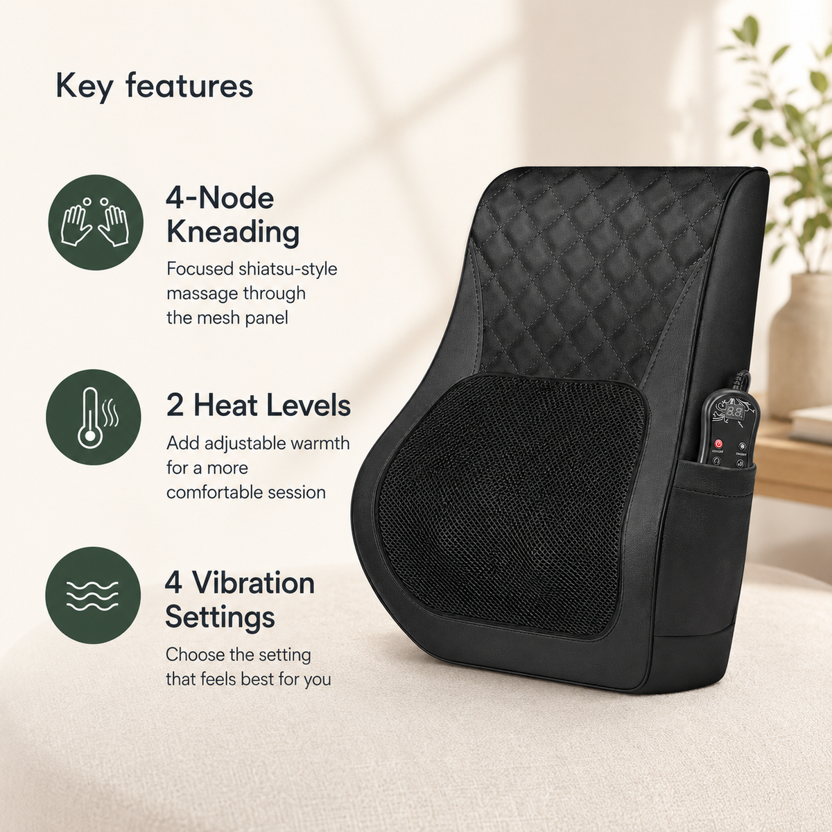 Shiatsu Back Massager with Heat, 4-Node Kneading Massage Pillow for Neck & Shoulders with 3 Speeds & Vibration
