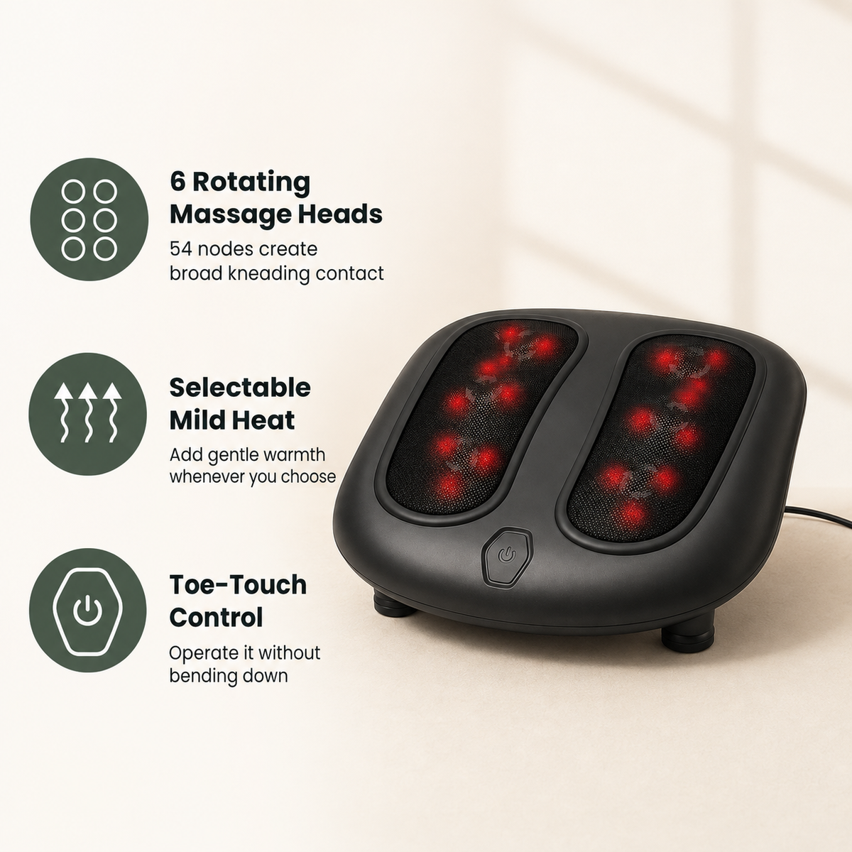 Shiatsu Foot Massager with Heat, 6 Massage Heads, 54 Rotating Nodes and Toe-Touch Control
