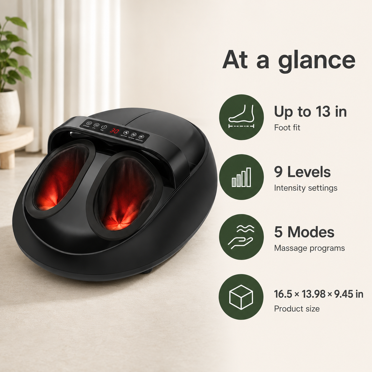 Shiatsu Foot Massager with Heat & Full-Wrap Air Compression, 9 Intensity Levels, 5 Modes, Vibration & Remote Control