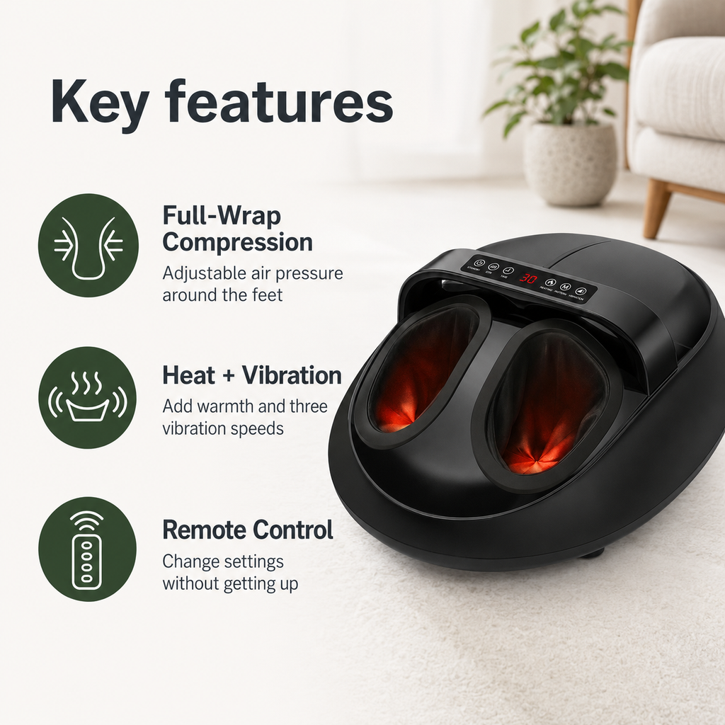 Shiatsu Foot Massager with Heat & Full-Wrap Air Compression, 9 Intensity Levels, 5 Modes, Vibration & Remote Control