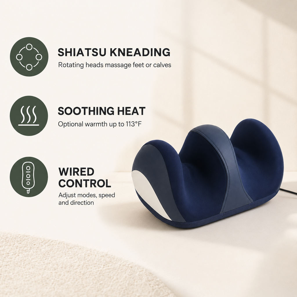 Shiatsu Foot and Calf Massager with Heat, Deep Kneading Rollers, 3 Speeds and Wired Remote Control
