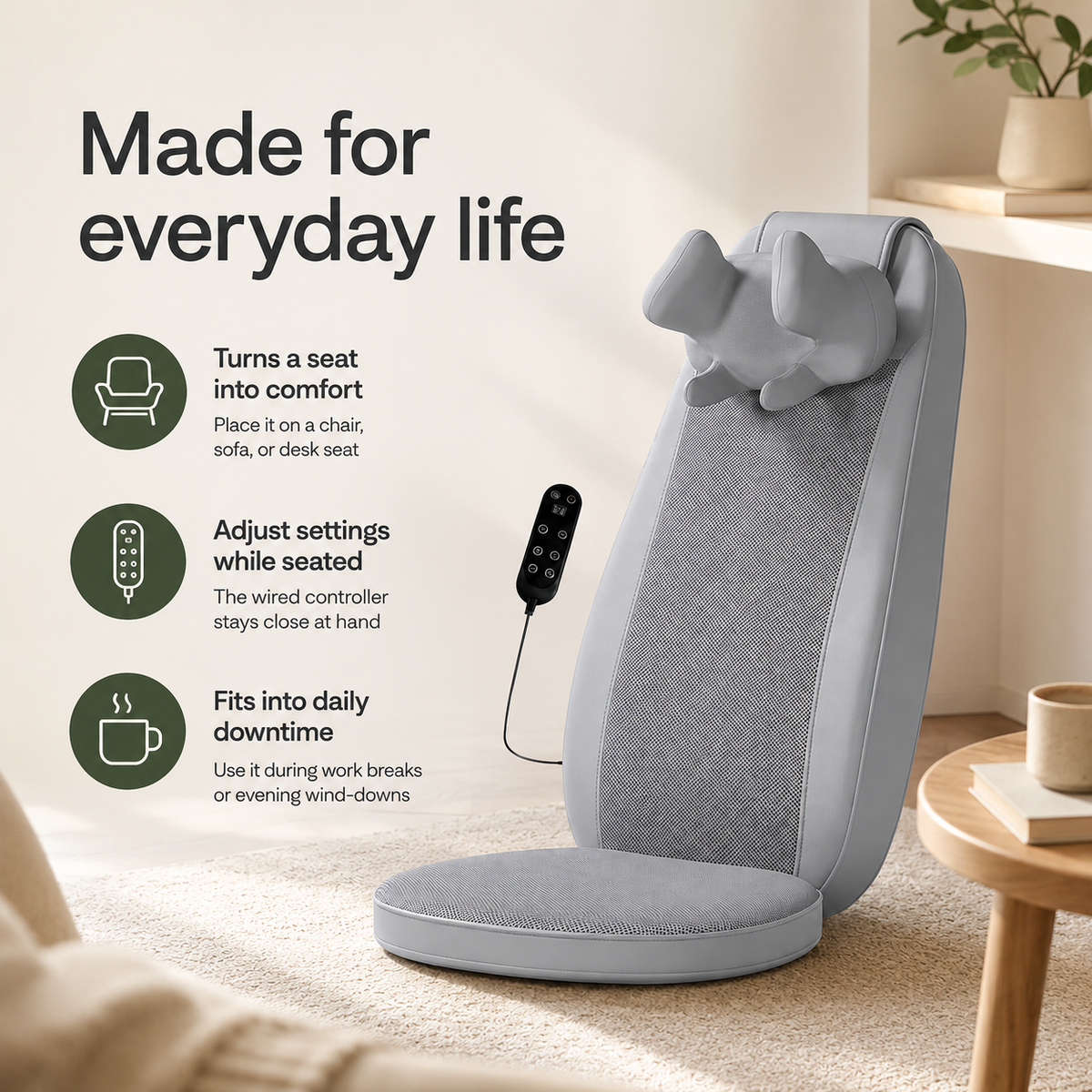 Shiatsu Massage Chair Pad with Heat, Neck Kneading, Full Back Massage & Seat Vibration for Home & Office