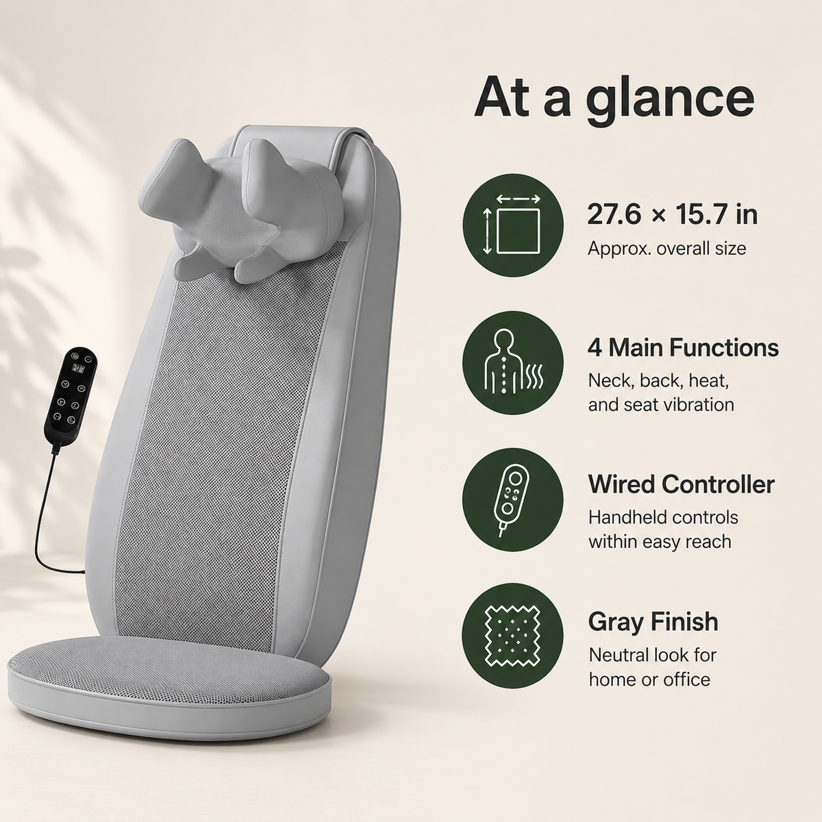Shiatsu Massage Chair Pad with Heat, Neck Kneading, Full Back Massage & Seat Vibration for Home & Office