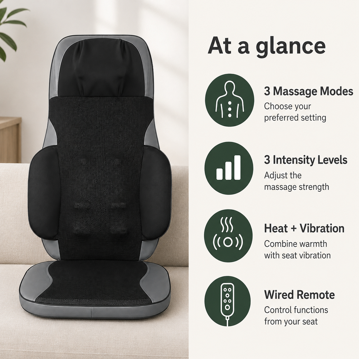 Shiatsu Massage Chair Pad with Heat, Vibration, Remote Control & Forward/Reverse Neck Kneading