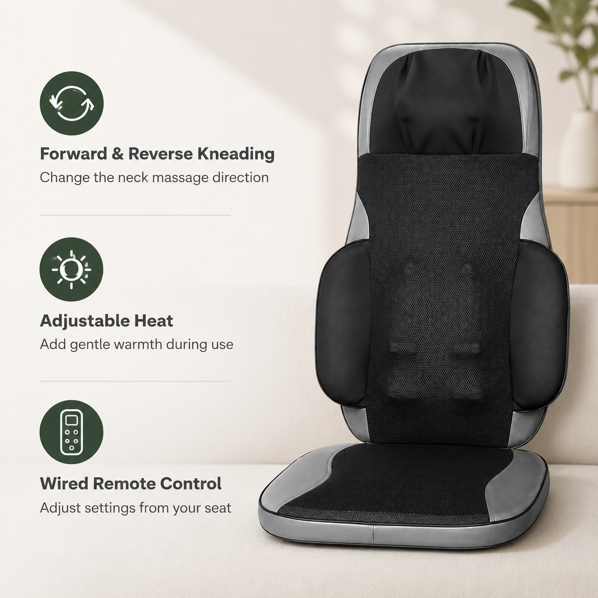 Shiatsu Massage Chair Pad with Heat, Vibration, Remote Control & Forward/Reverse Neck Kneading