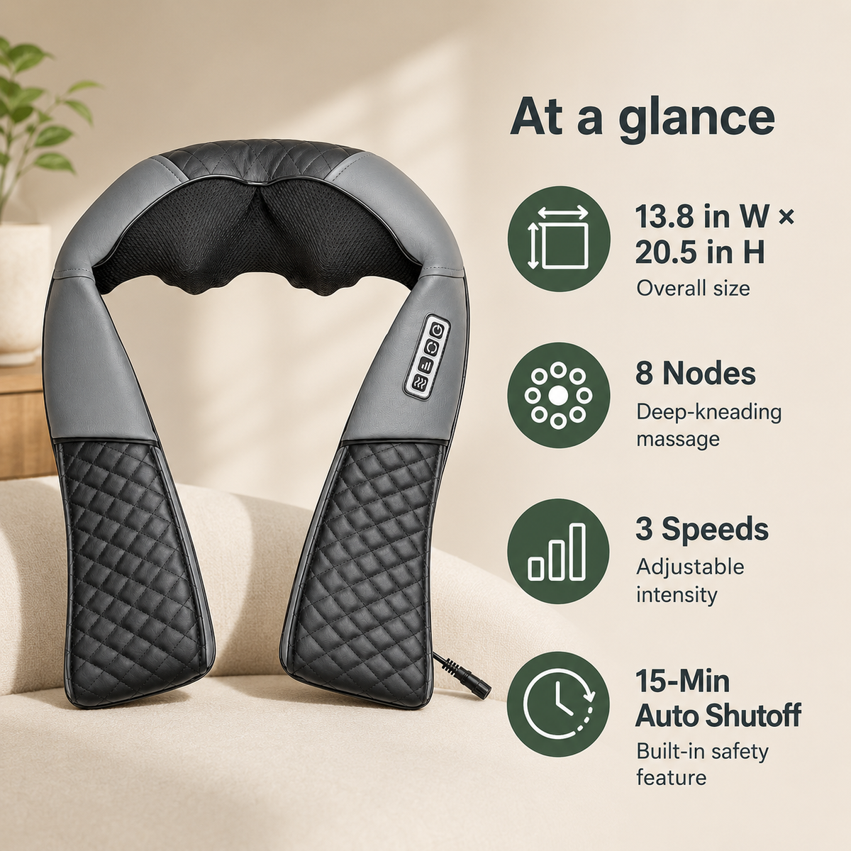 Shiatsu Neck, Shoulder & Back Massager with Heat, 8 Kneading Nodes, 3 Speeds & Auto-Reverse