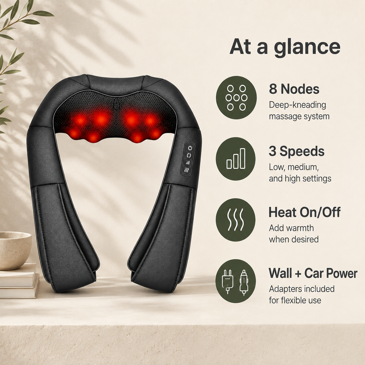 Shiatsu Neck and Shoulder Massager with Heat, 8 Kneading Nodes, 3 Speeds & Auto-Reverse for Home & Car