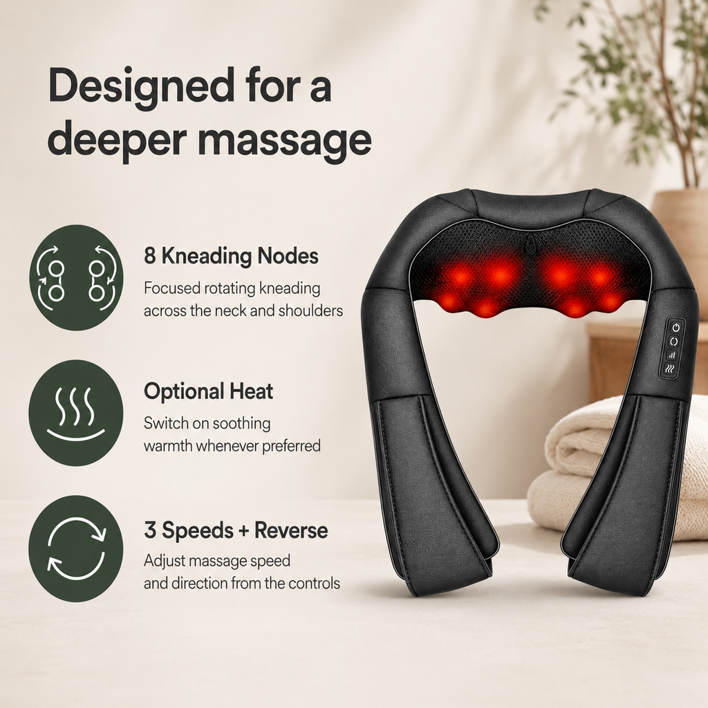 Shiatsu Neck and Shoulder Massager with Heat, 8 Kneading Nodes, 3 Speeds & Auto-Reverse for Home & Car