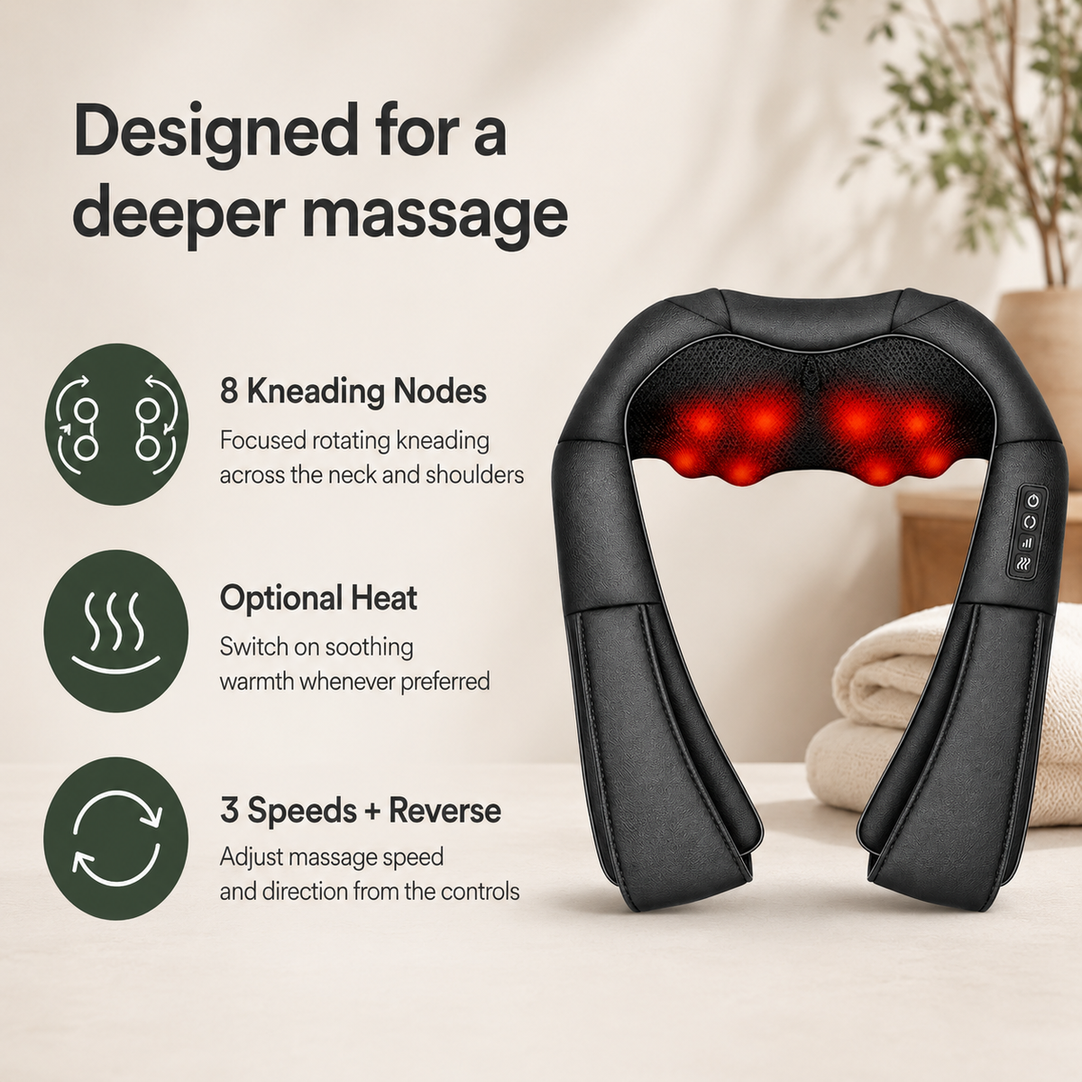 Shiatsu Neck and Shoulder Massager with Heat, 8 Kneading Nodes, 3 Speeds & Auto-Reverse for Home & Car