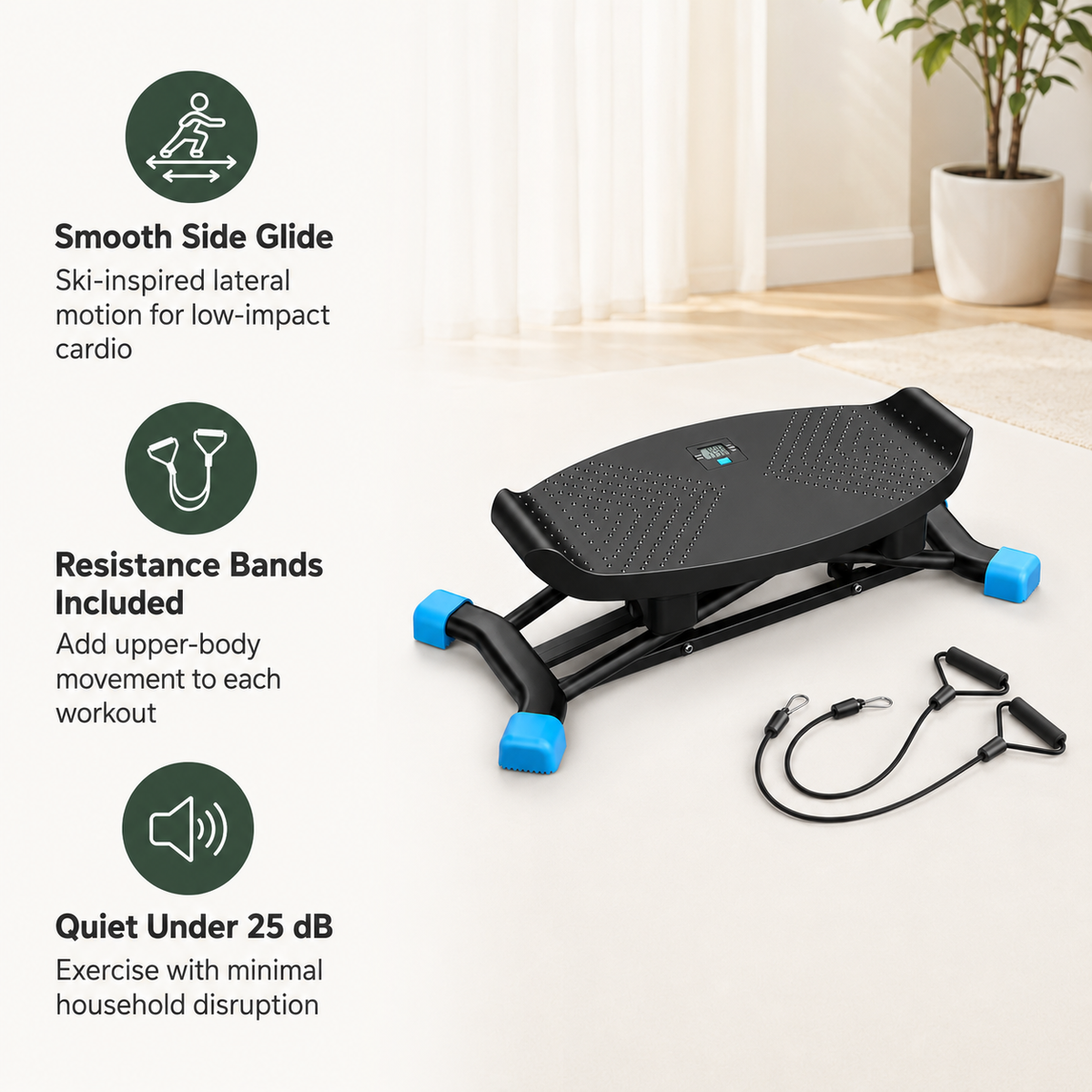 Slide Stepper Balance Board with Resistance Bands, LCD Monitor & 300 lb Capacity for Low-Impact Home Cardio