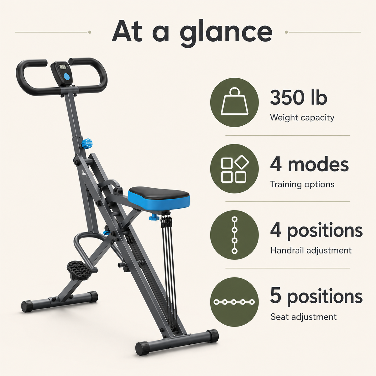 Squat Rowing Machine with Adjustable Resistance, Digital Monitor & Foldable Design, 350 lb Capacity
