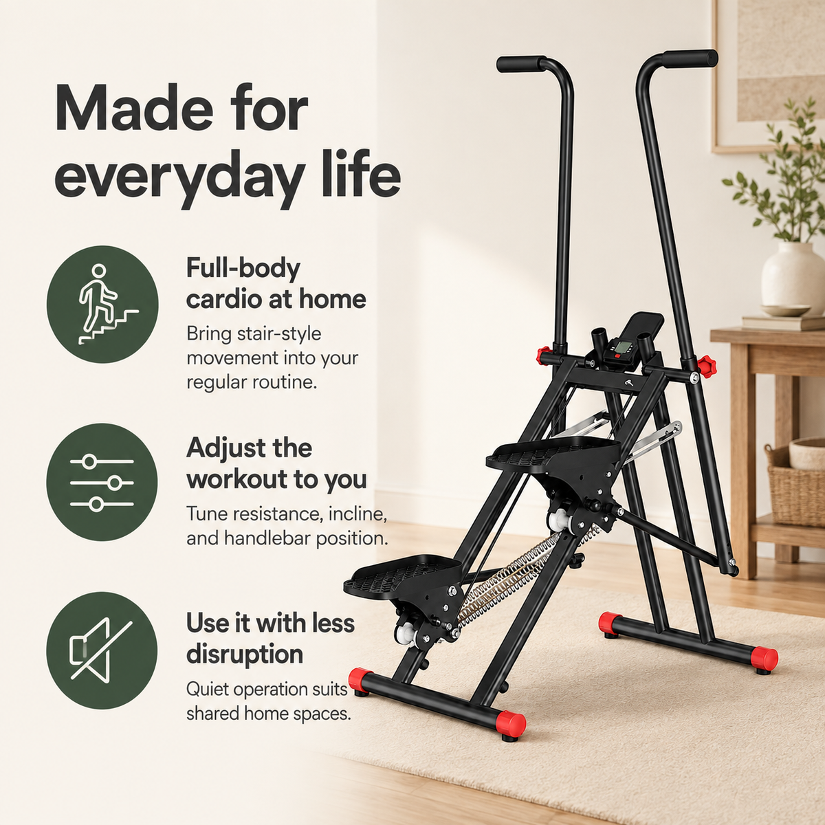 Stair Stepper with 3-Level Resistance & Adjustable Incline, Quiet 350 lb Home Cardio Climber with LCD Display