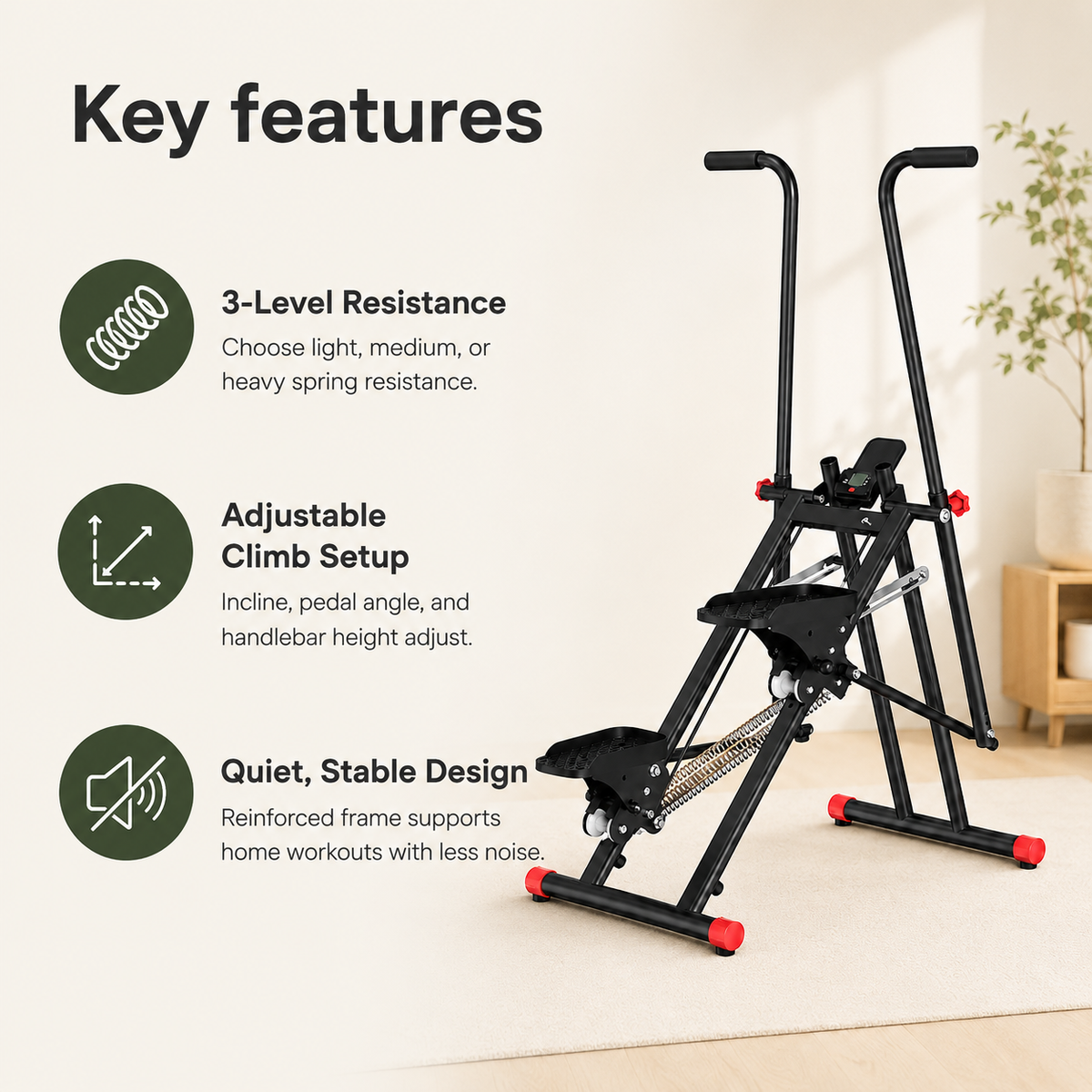 Stair Stepper with 3-Level Resistance & Adjustable Incline, Quiet 350 lb Home Cardio Climber with LCD Display
