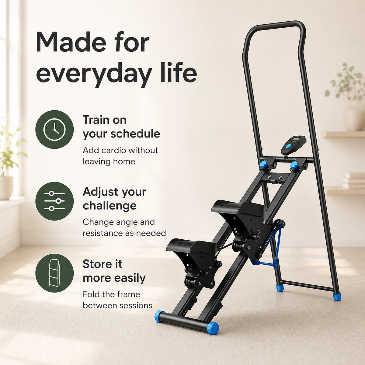 Stair Stepper with Handlebar, 3 Incline Angles & Adjustable Resistance, Foldable Vertical Climber with LCD, 300 lb Capacity