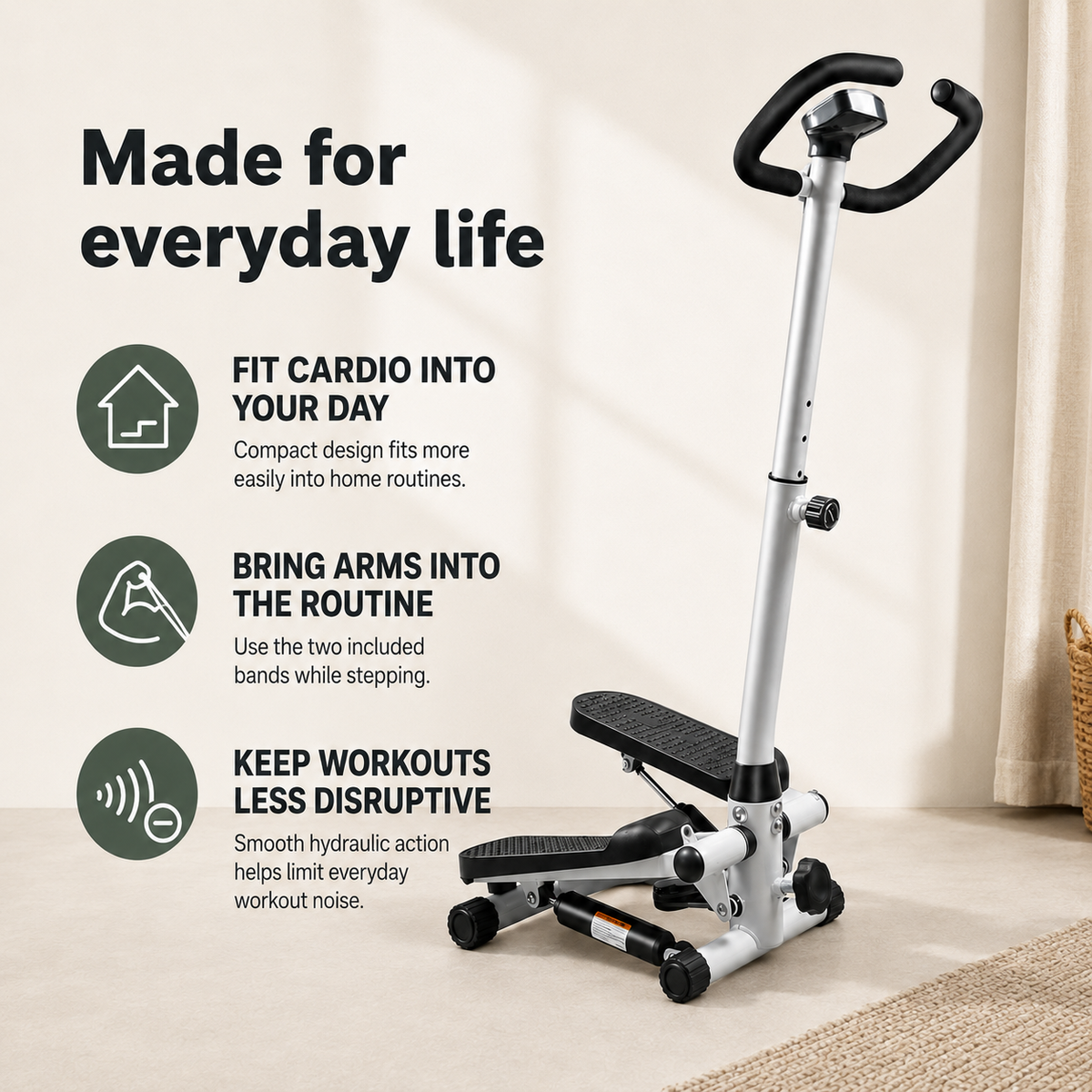 Twist Stepper with Adjustable Handlebar, Resistance Bands, Dual Hydraulic Cylinders and LCD Monitor
