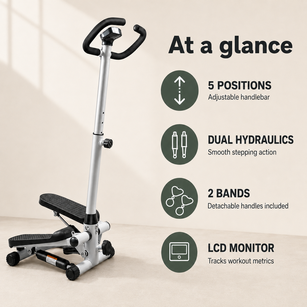Twist Stepper with Adjustable Handlebar, Resistance Bands, Dual Hydraulic Cylinders and LCD Monitor