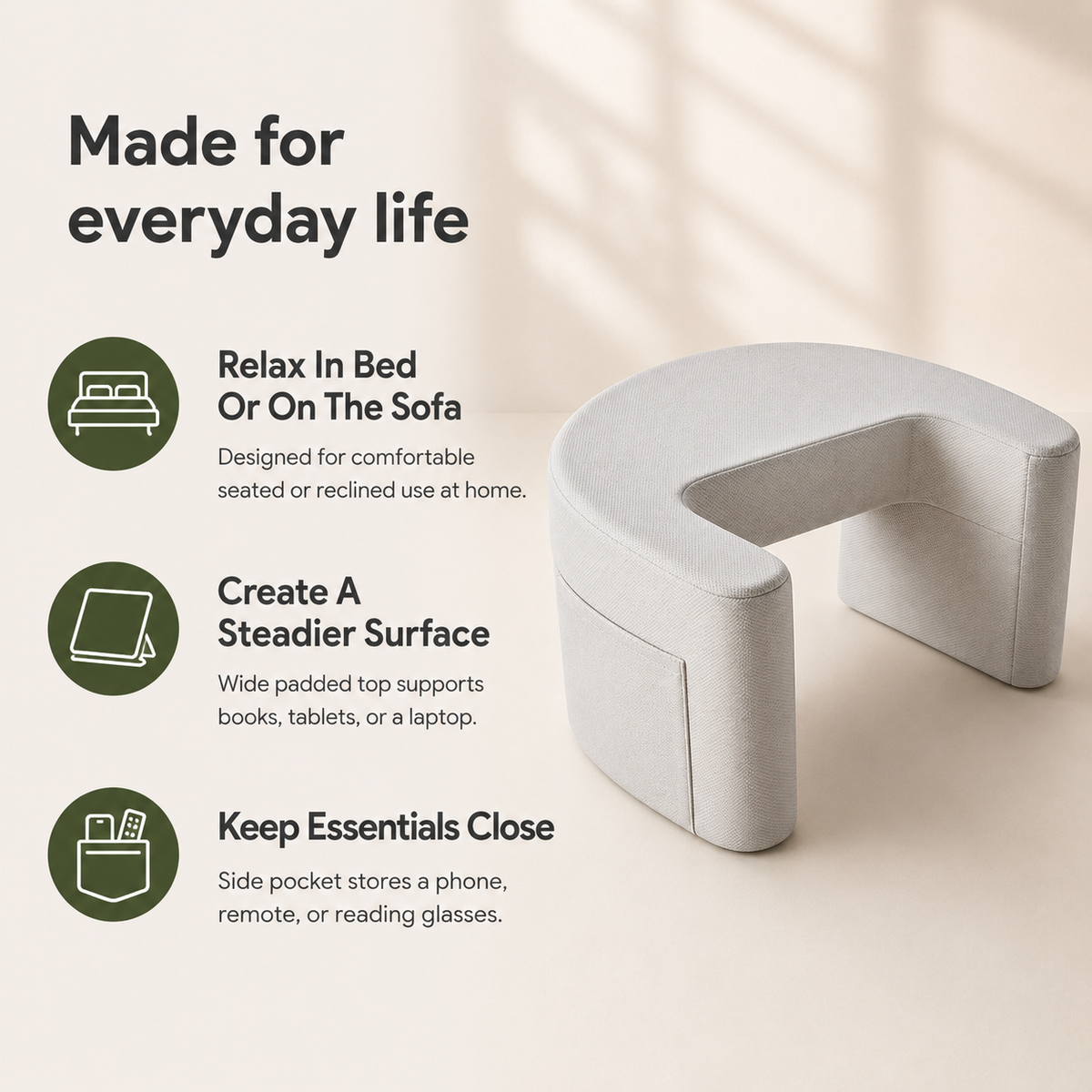 U-Shaped Memory Foam Reading Pillow with Armrests, Lap Desk Surface, Leg Groove & Removable Washable Cover