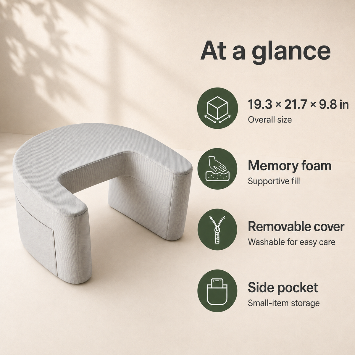 U-Shaped Memory Foam Reading Pillow with Armrests, Lap Desk Surface, Leg Groove & Removable Washable Cover