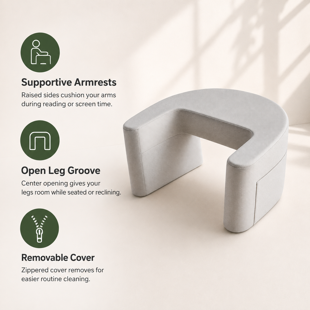 U-Shaped Memory Foam Reading Pillow with Armrests, Lap Desk Surface, Leg Groove & Removable Washable Cover