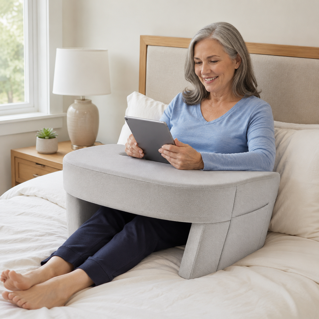 U-Shaped Memory Foam Reading Pillow with Armrests, Lap Desk Surface, Leg Groove & Removable Washable Cover