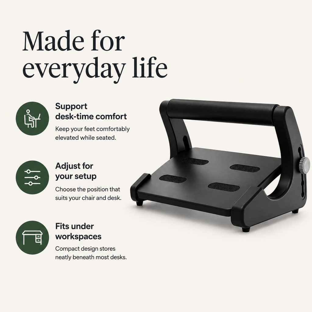 Under Desk Footrest with 5-Level Adjustable Height, Textured Platform & Anti-Slip Feet for Office and Home