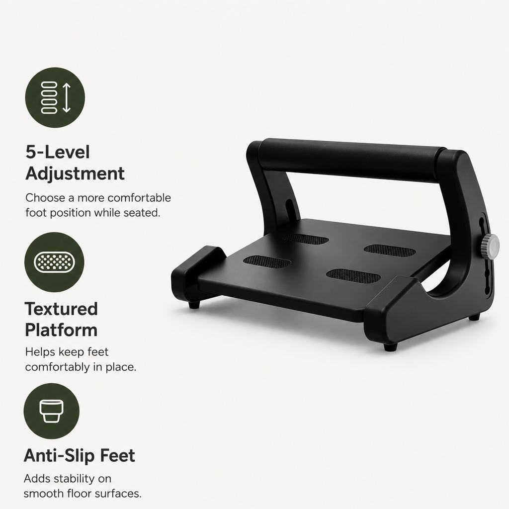 Under Desk Footrest with 5-Level Adjustable Height, Textured Platform & Anti-Slip Feet for Office and Home