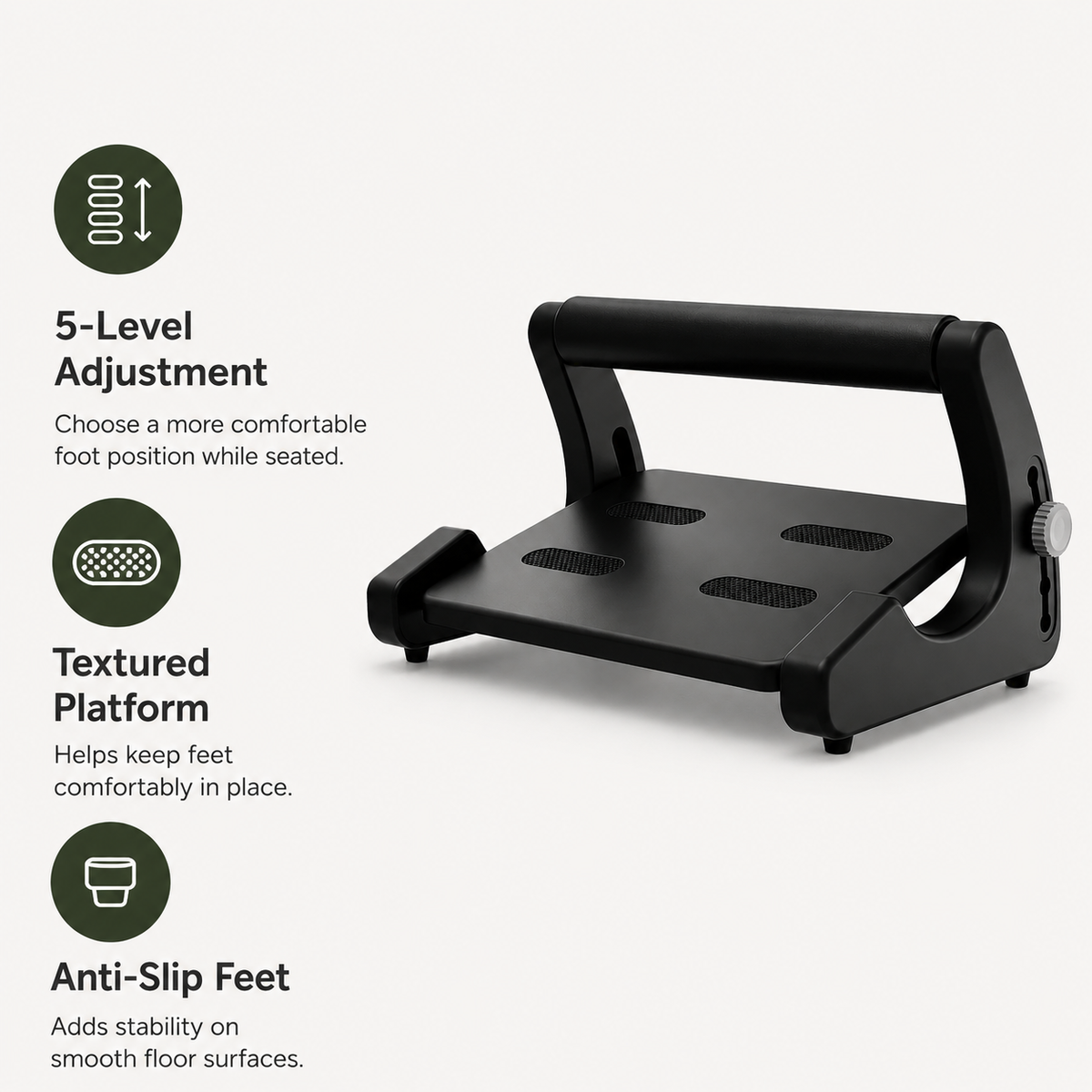 Under Desk Footrest with 5-Level Adjustable Height, Textured Platform & Anti-Slip Feet for Office and Home