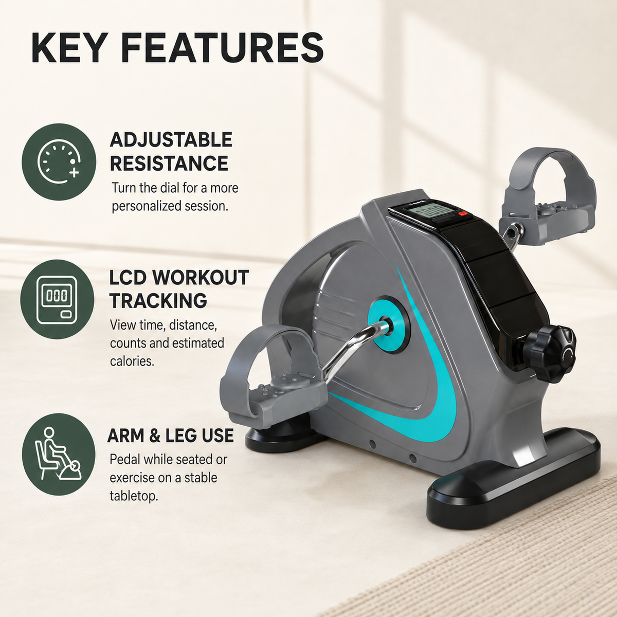 Under Desk Pedal Exerciser with Adjustable Resistance, LCD Monitor and Arm & Leg Use