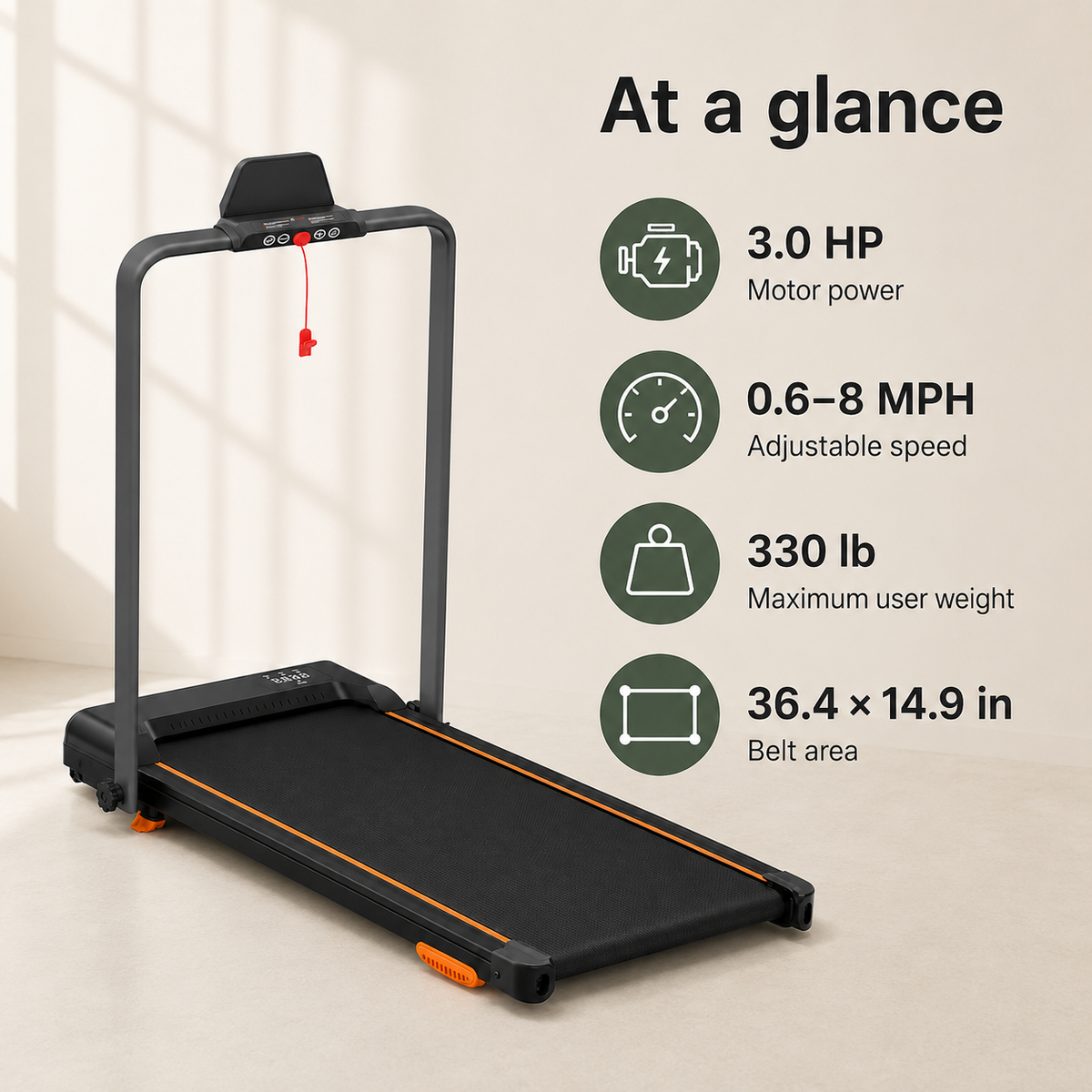 Under Desk Walking Pad Treadmill with Foldable Handlebar, 12% Incline, 3.0 HP Motor, 0.6–8 MPH Speed and 330 lb Capacity