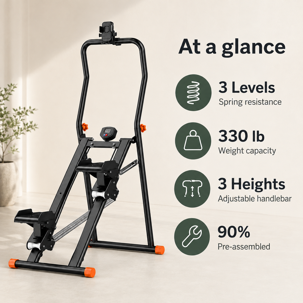 Vertical Stair Stepper with 3-Level Spring Resistance, Foldable Stair Climber with LCD Monitor, 330 lb Capacity