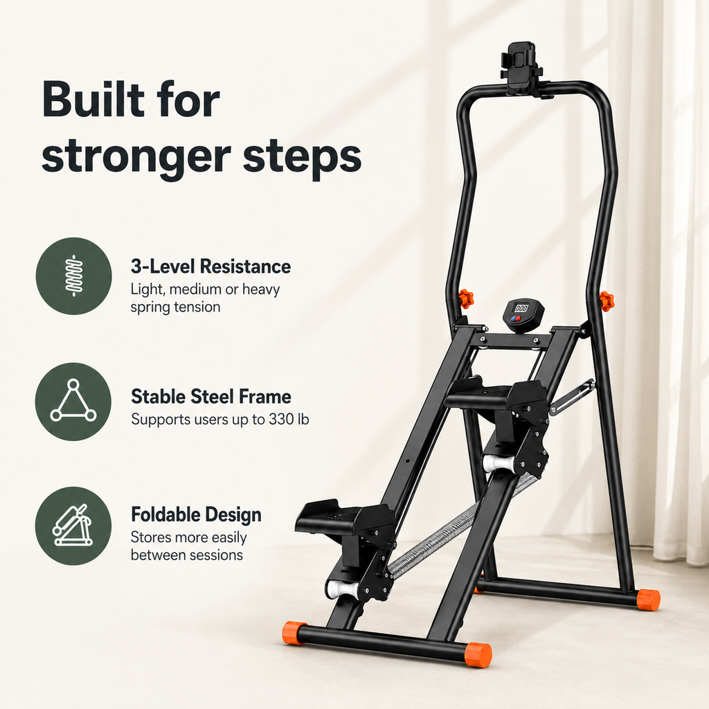 Vertical Stair Stepper with 3-Level Spring Resistance, Foldable Stair Climber with LCD Monitor, 330 lb Capacity