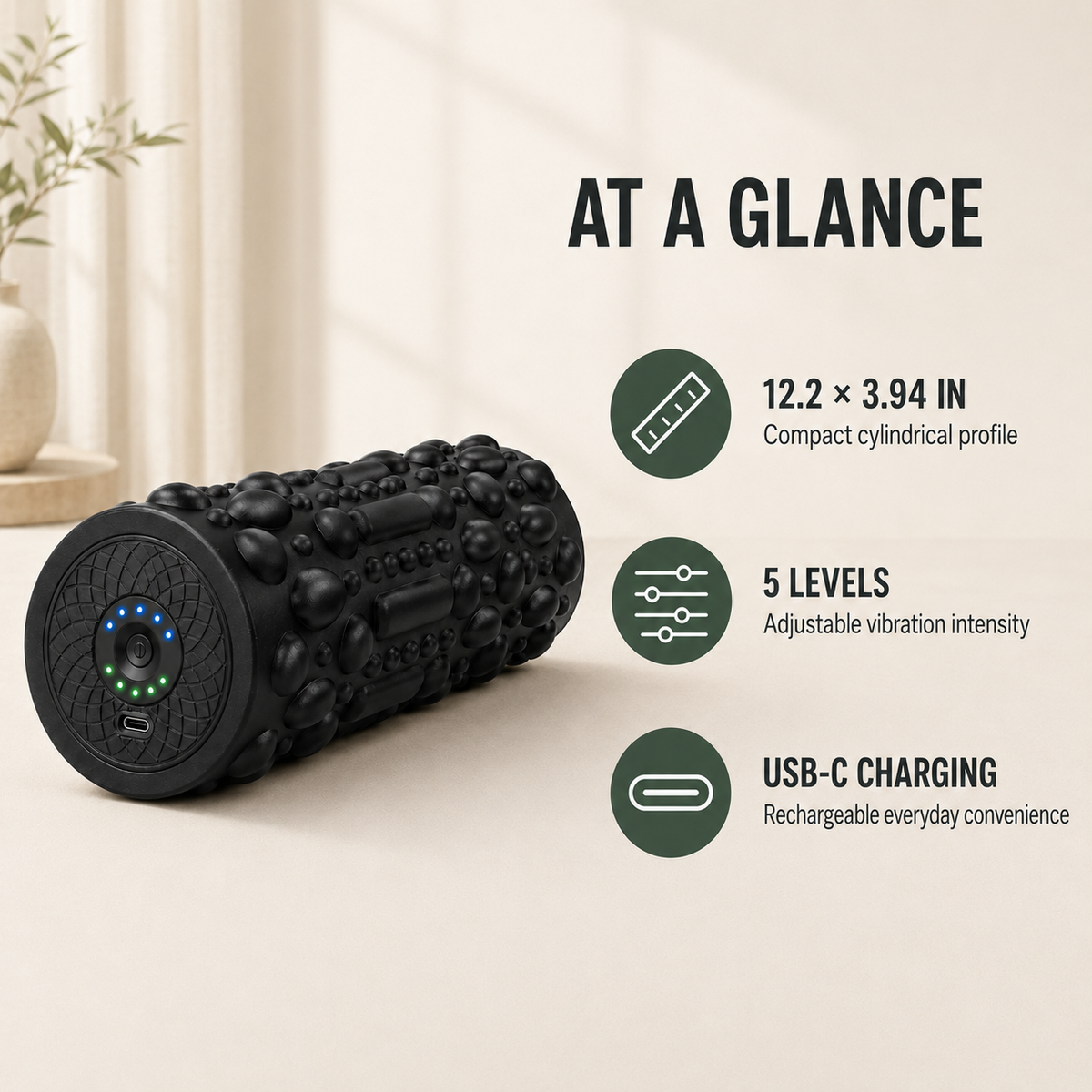 Vibrating Foam Roller with 5 Intensity Levels, Textured Massage Surface and Rechargeable Design