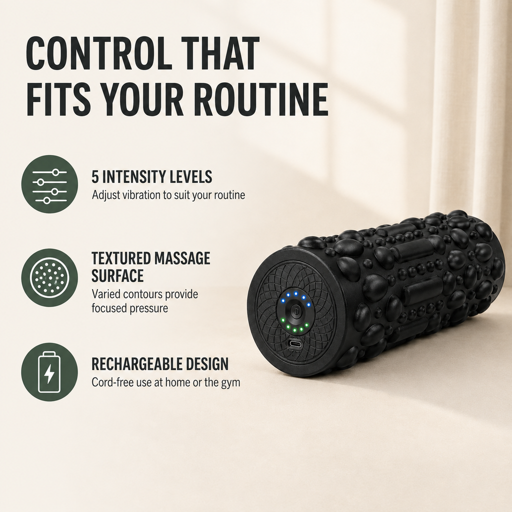 Vibrating Foam Roller with 5 Intensity Levels, Textured Massage Surface and Rechargeable Design