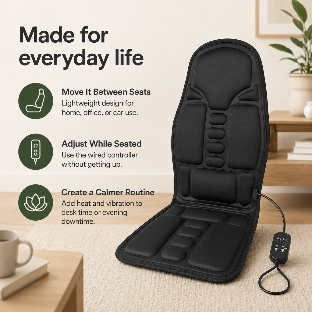 Vibration Massage Seat Cushion with Heat, 5 Motors, 8 Modes & 3 Intensities for Home, Office & Car
