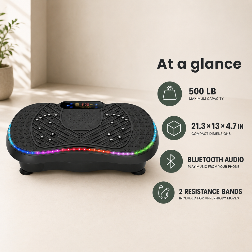Vibration Plate Exercise Machine with 200 Speeds, 10 Modes, Bluetooth Audio, LED Lights and Resistance Bands