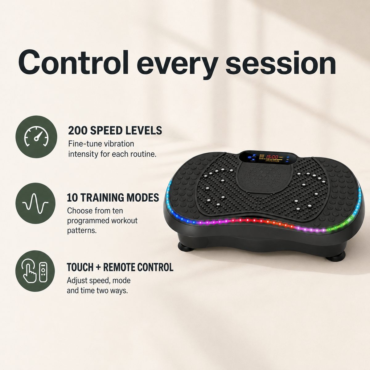 Vibration Plate Exercise Machine with 200 Speeds, 10 Modes, Bluetooth Audio, LED Lights and Resistance Bands