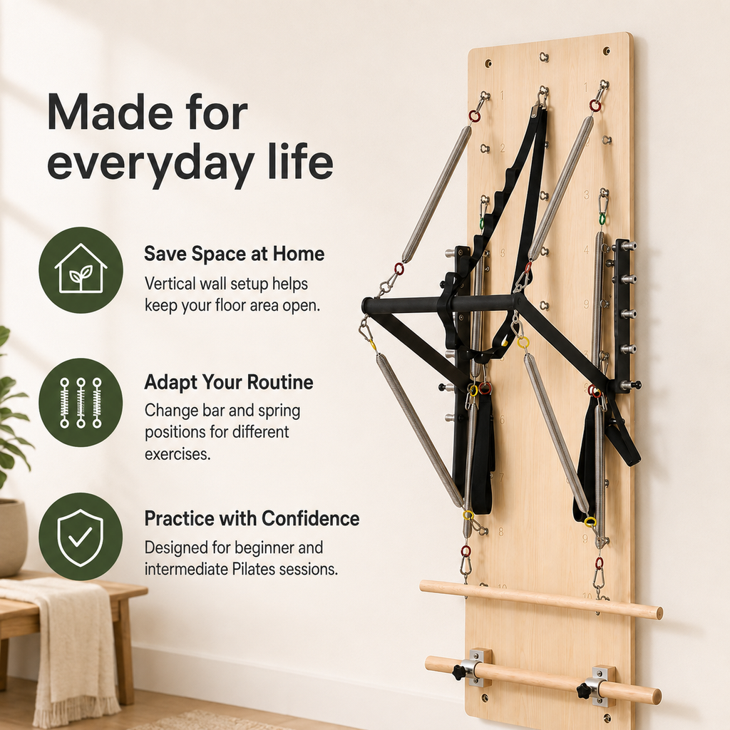 Wall-Mounted Pilates Springboard with 5-Position Adjustable Bar, Resistance Springs & Wooden Exercise Bars