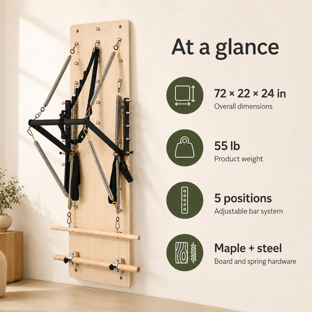 Wall-Mounted Pilates Springboard with 5-Position Adjustable Bar, Resistance Springs & Wooden Exercise Bars