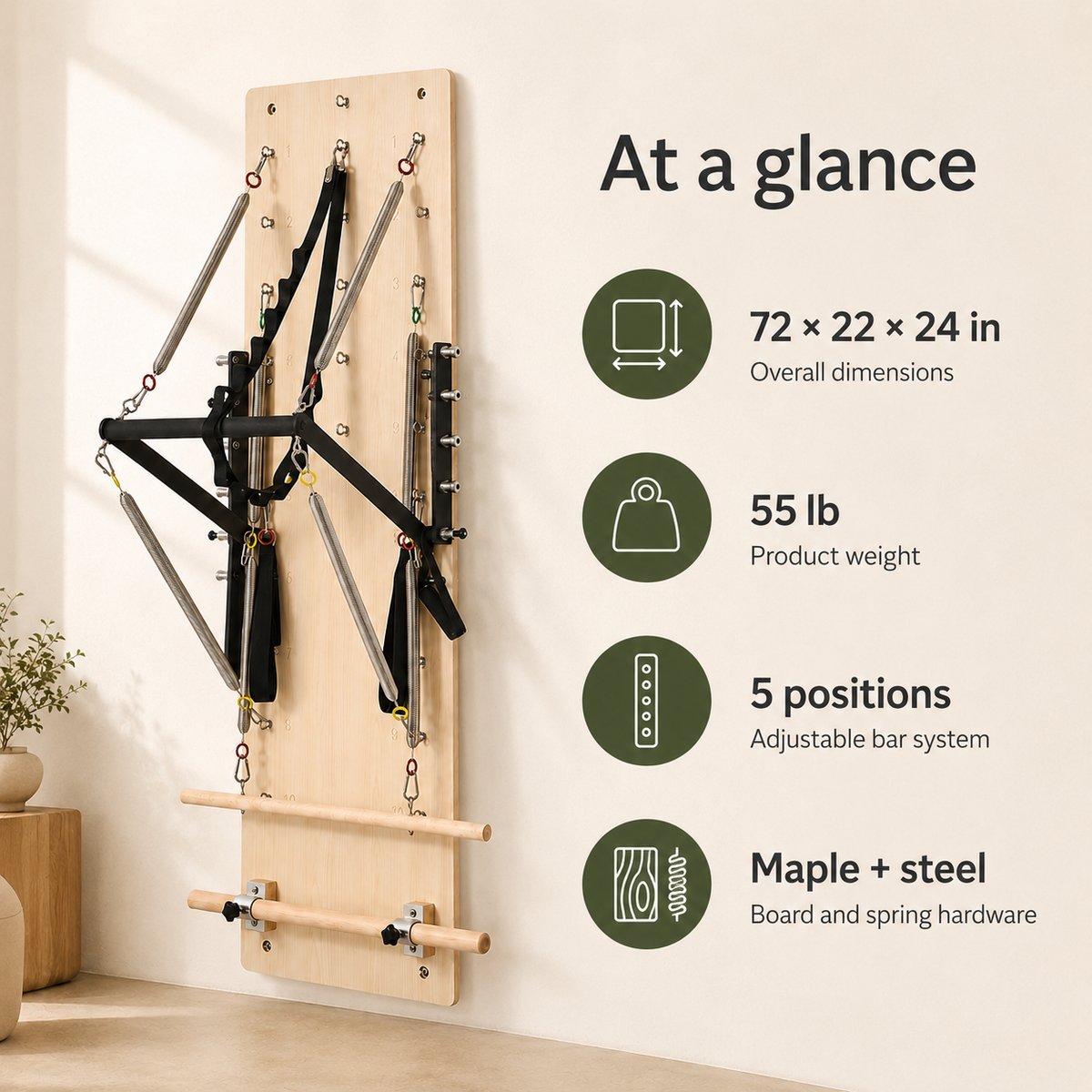 Wall-Mounted Pilates Springboard with 5-Position Adjustable Bar, Resistance Springs & Wooden Exercise Bars