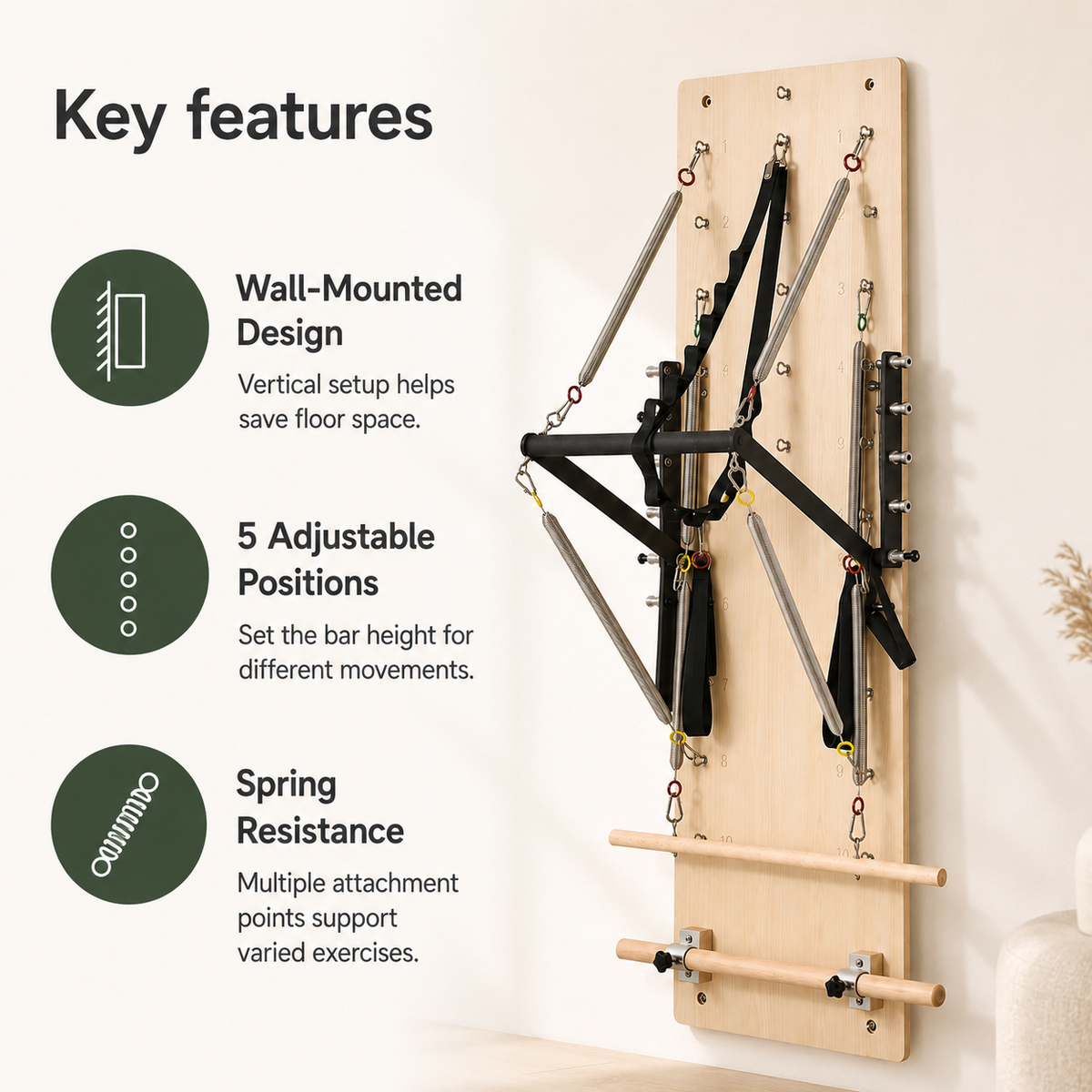 Wall-Mounted Pilates Springboard with 5-Position Adjustable Bar, Resistance Springs & Wooden Exercise Bars
