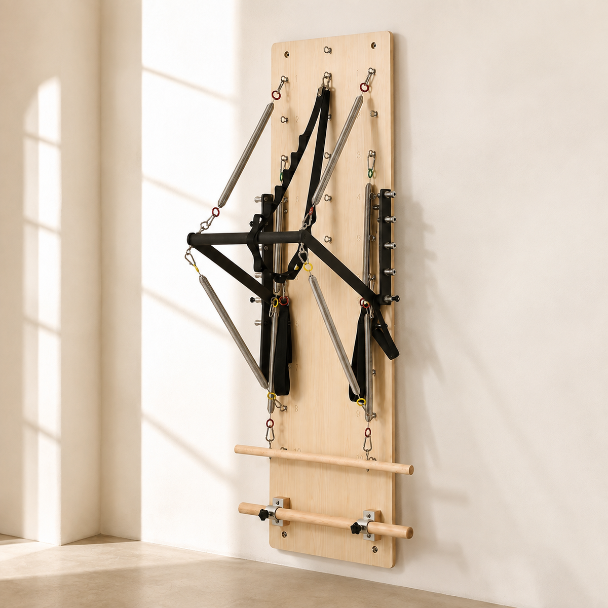 Wall-Mounted Pilates Springboard with 5-Position Adjustable Bar, Resistance Springs & Wooden Exercise Bars