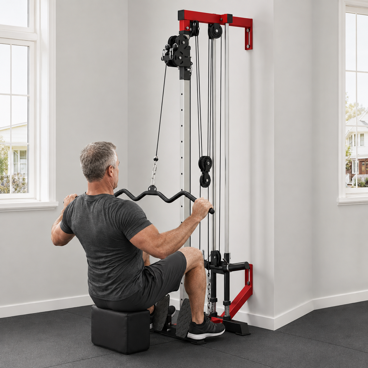 Wall-Mounted Plate-Loaded Cable Machine with 17 Adjustable Positions, Dual Pulleys and Removable Row Footplates