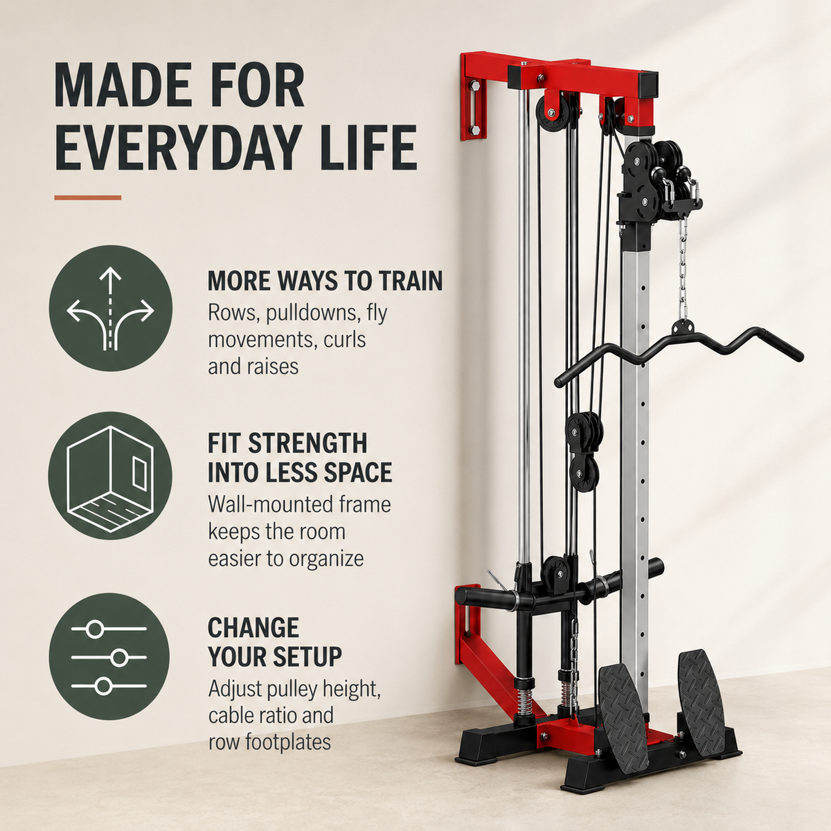 Wall-Mounted Plate-Loaded Cable Machine with 17 Adjustable Positions, Dual Pulleys and Removable Row Footplates