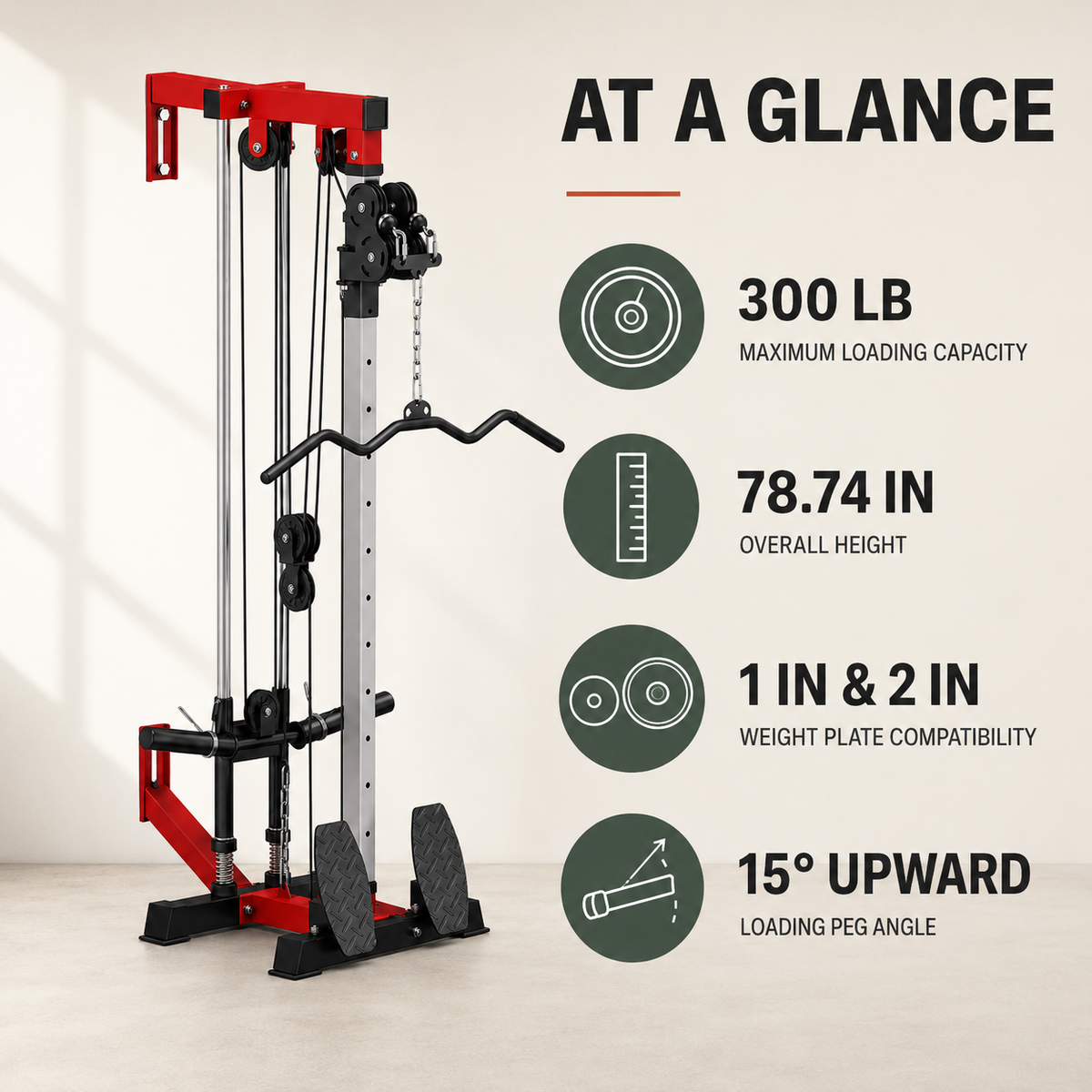 Wall-Mounted Plate-Loaded Cable Machine with 17 Adjustable Positions, Dual Pulleys and Removable Row Footplates