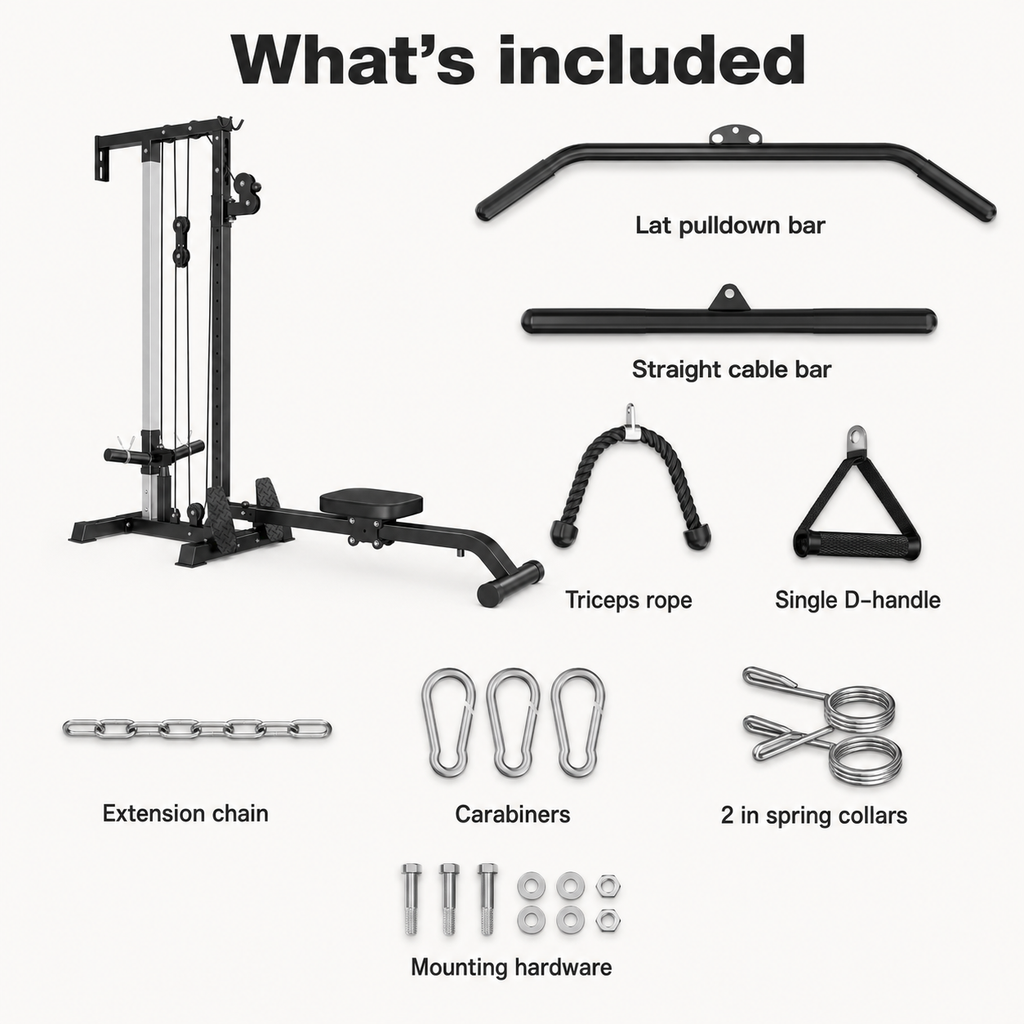 Wall-Mounted Plate-Loaded Lat Pulldown & Rowing Cable Machine with 1:1 Resistance, 16 Pulley Heights & Sliding Seat