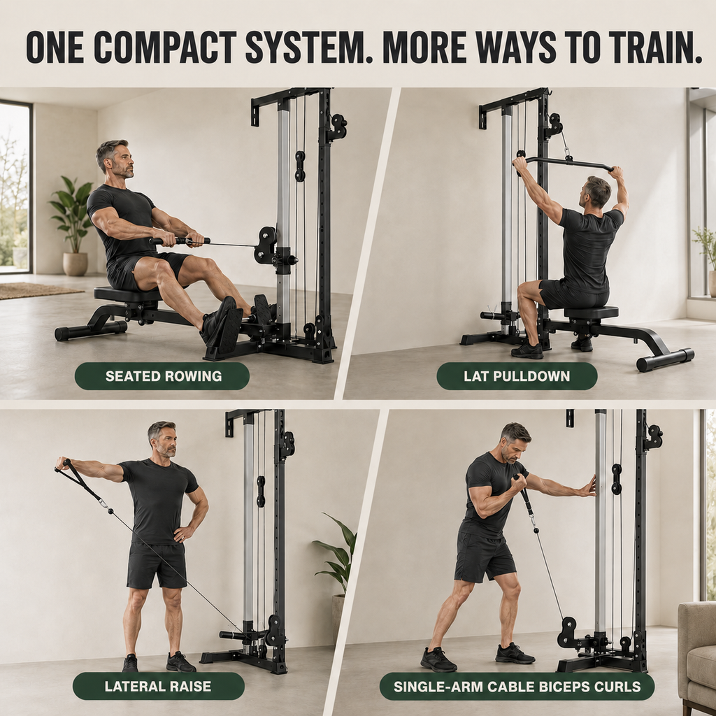 Wall-Mounted Plate-Loaded Lat Pulldown & Rowing Cable Machine with 1:1 Resistance, 16 Pulley Heights & Sliding Seat