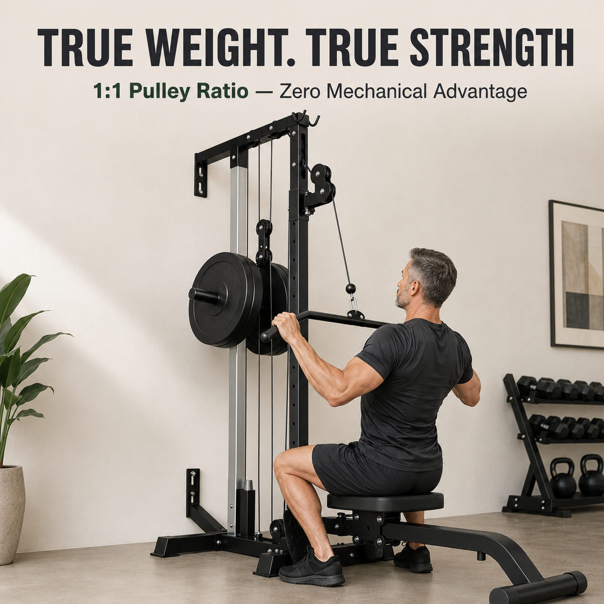 Wall-Mounted Plate-Loaded Lat Pulldown & Rowing Cable Machine with 1:1 Resistance, 16 Pulley Heights & Sliding Seat
