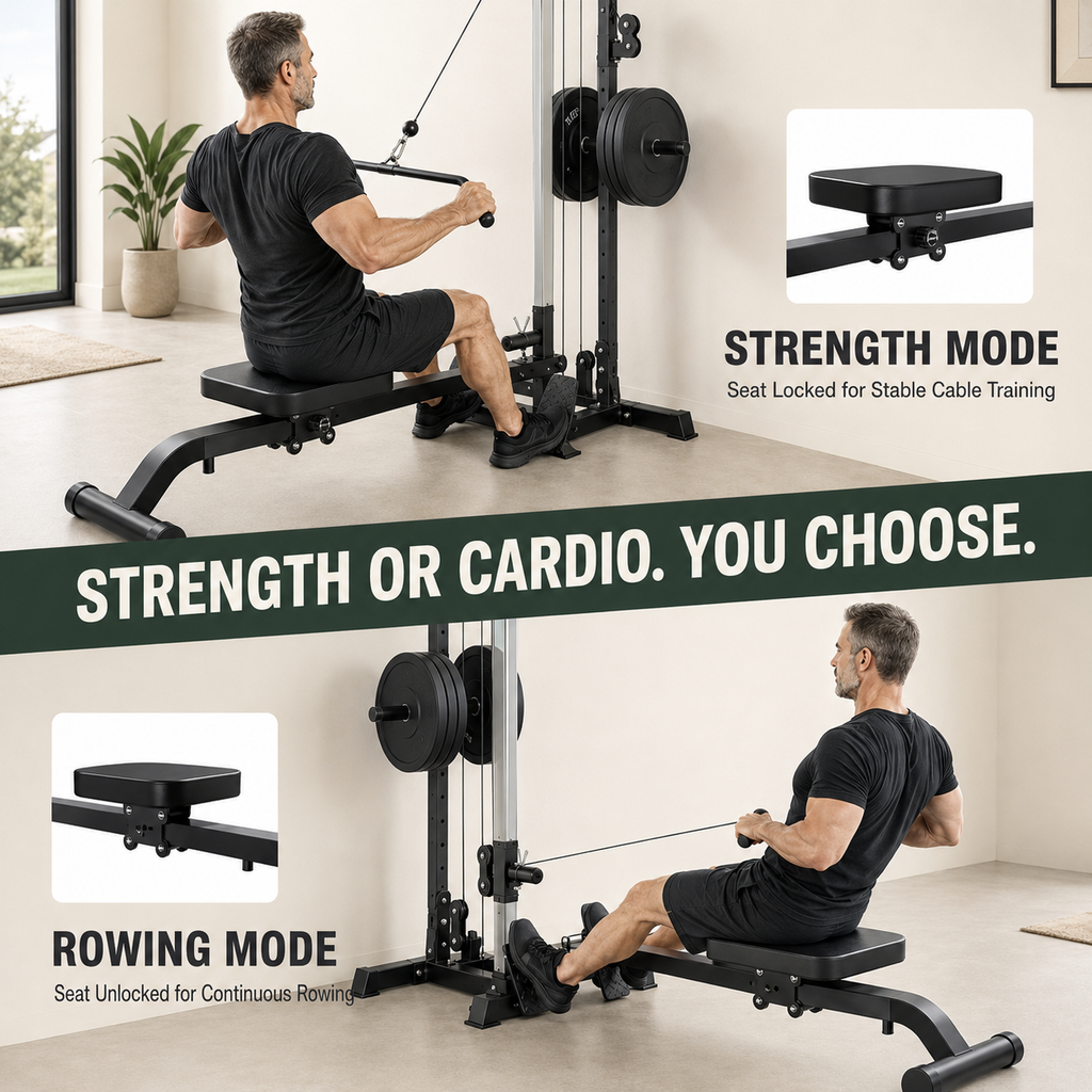 Wall-Mounted Plate-Loaded Lat Pulldown & Rowing Cable Machine with 1:1 Resistance, 16 Pulley Heights & Sliding Seat